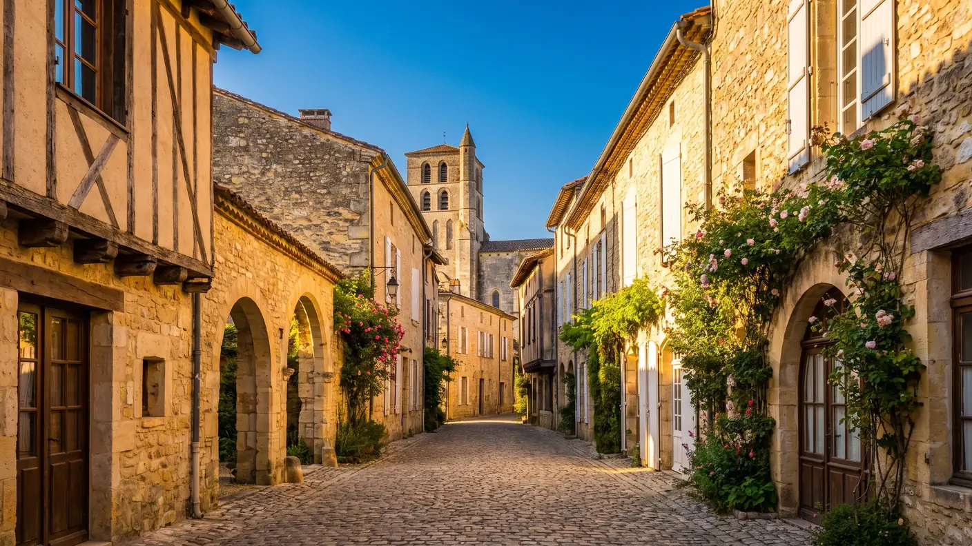 Une ruelle médiévale pavée et pentue bordée de maisons de pierre et à pans de bois, en Gironde