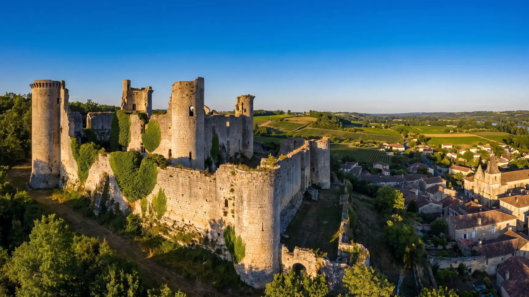 Les ruines d'un château fort du XIIIe siècle, tours d'angle couvertes de lierre dominant la vallée de la Garonne