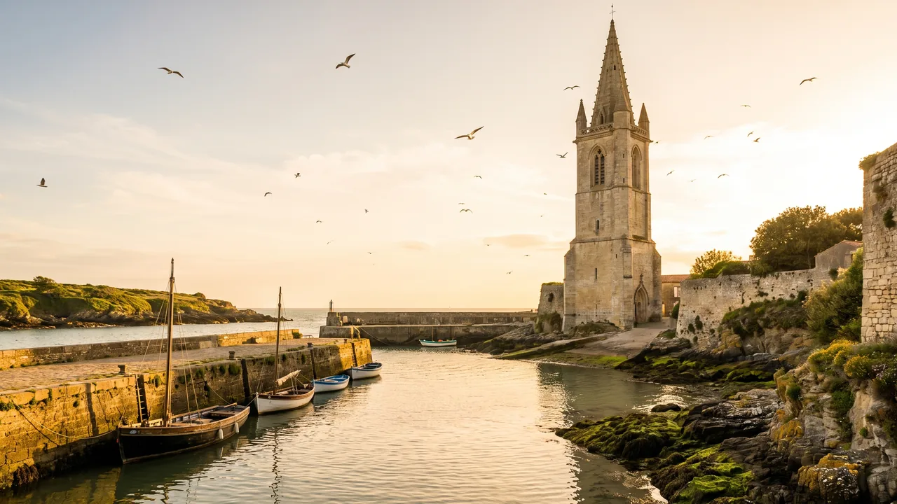 La tour de la Lanterne de La Rochelle, haute tour gothique de pierre à flèche octogonale, au bord du port