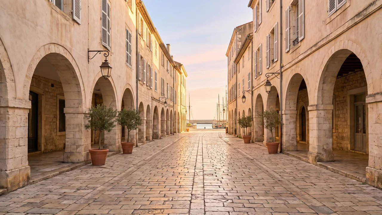 Rue à arcades du centre historique de La Rochelle, galeries de pierre claire et façades à volets