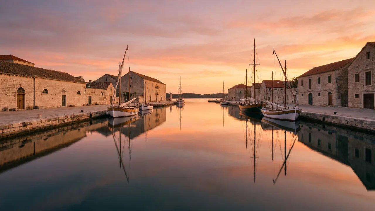 Le Vieux-Port de La Rochelle au coucher du soleil, quais de pierre claire et voiliers à quai sur l'eau calme