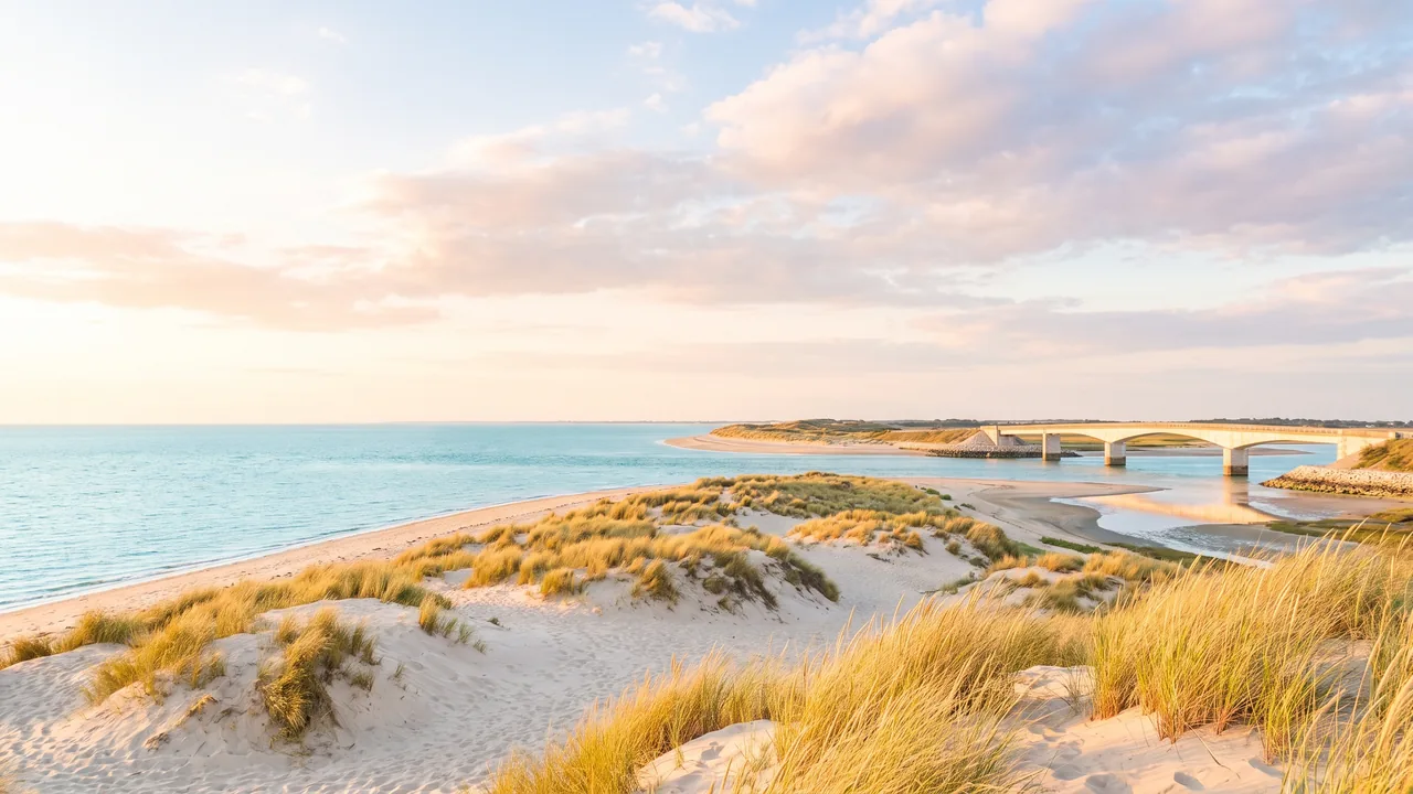 Côte de l'île de Ré près du grand pont, dunes de sable blanc, oyats et mer turquoise sous un ciel lumineux
