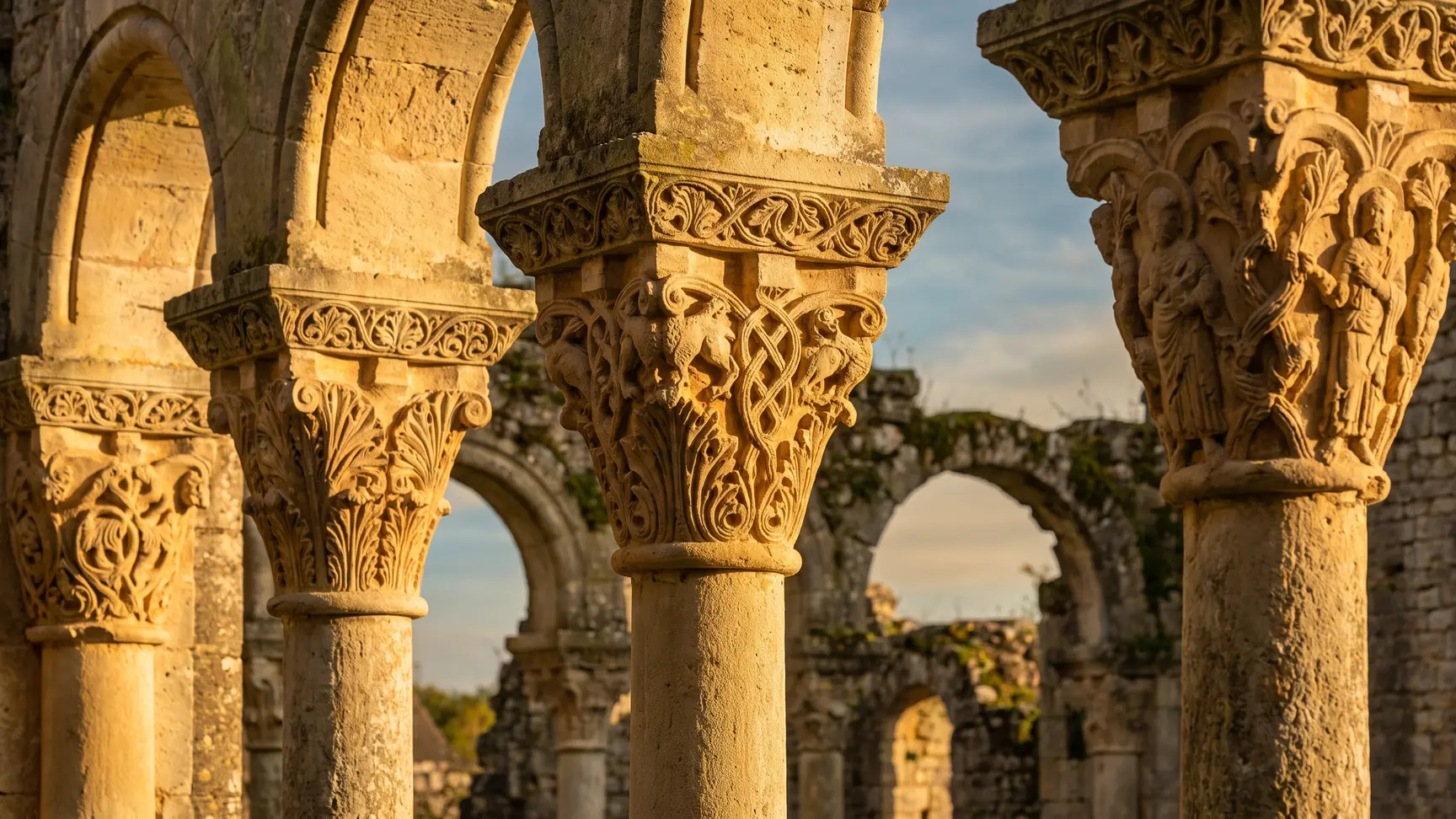 Des chapiteaux romans finement sculptés de feuillages et de figures en pierre couleur de miel, dans les ruines d'une abbaye