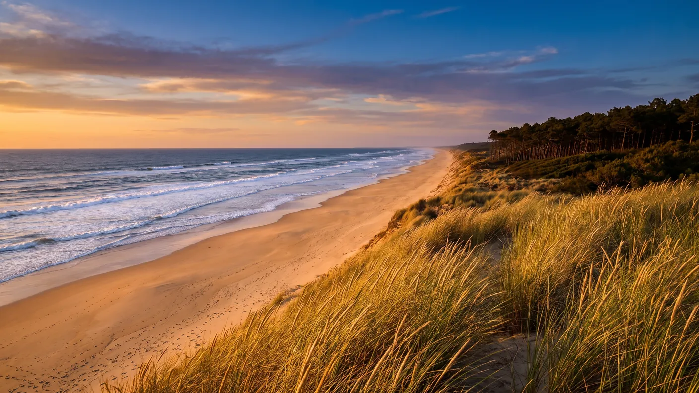 La plage océane de Labenne-Océan et ses dunes d'oyats adossées à la forêt de pins, sur la côte sud des Landes