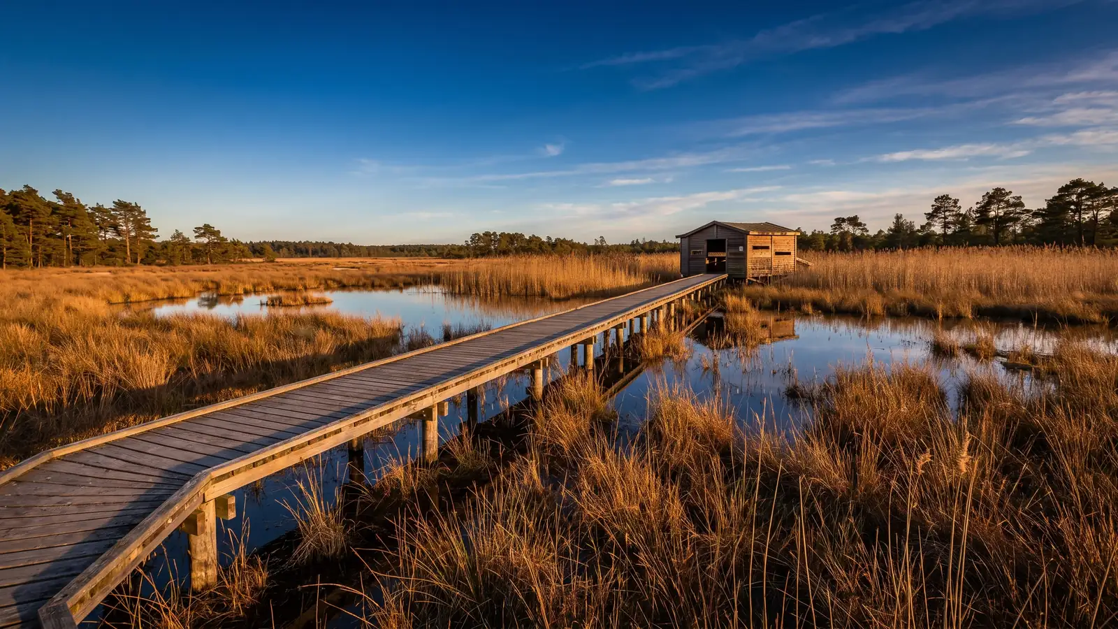 Une longue passerelle de bois sur pilotis vers un observatoire ornithologique en bois, dans un marais des Landes