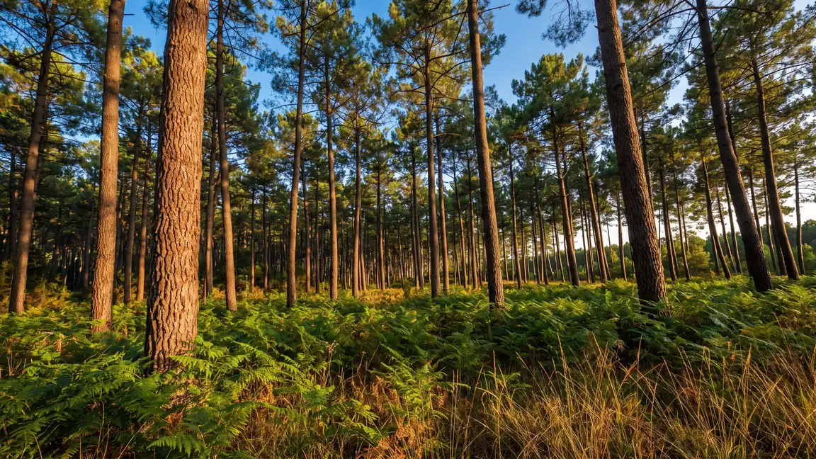 La forêt de pins maritimes de la côte sud des Landes, troncs élancés à l'écorce rousse sur un tapis de fougères