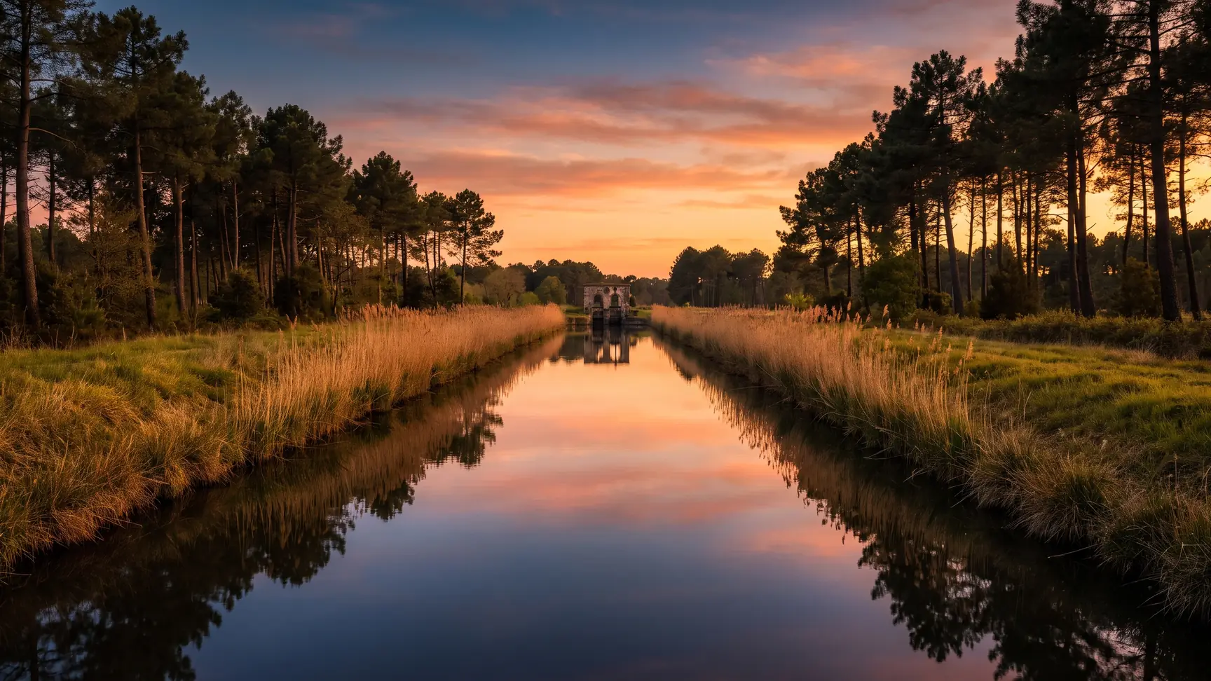Un canal calme et rectiligne traversant un marais et une pinède de la côte sud des Landes, roseaux reflétés