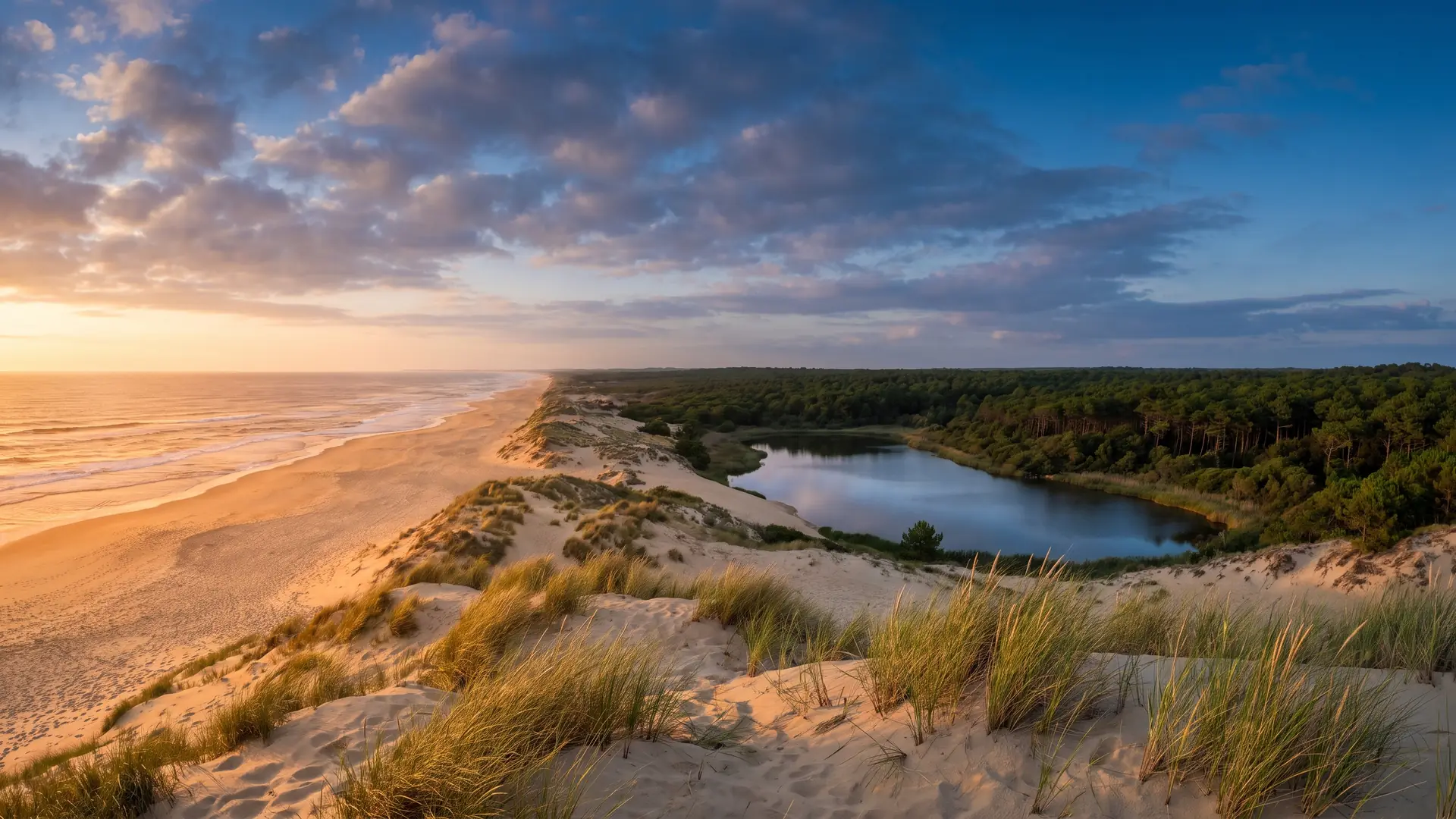 Un panorama de la côte sud des Landes, la longue plage océane et les dunes bordées d'une forêt de pins, une lagune au loin