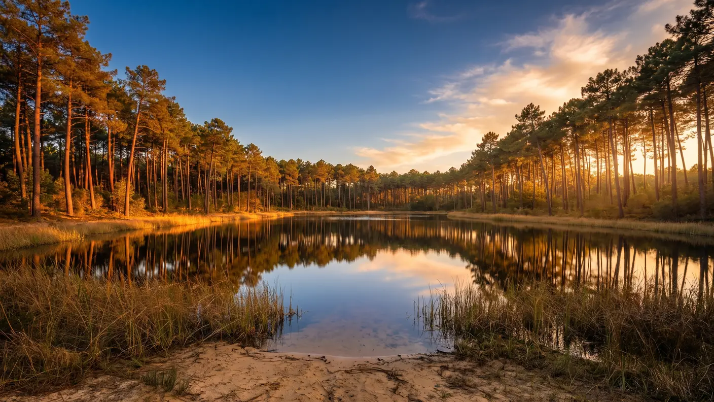 Le Lac de Curton dans la pinède des Landes de Gascogne, à l'arrivée du transfert privé depuis Bordeaux