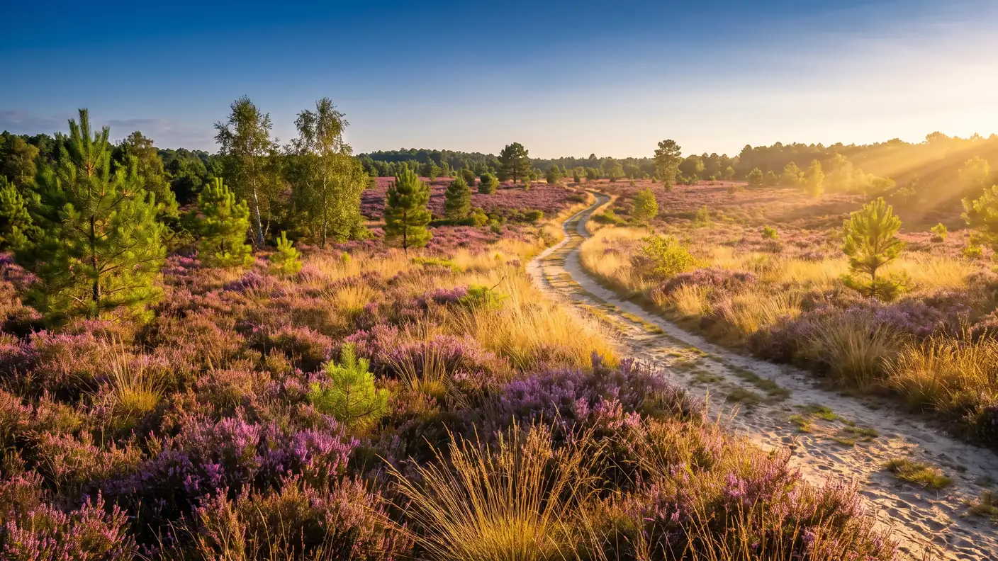 Une lande à bruyère mauve et molinie dorée des Landes de Gascogne, parsemée de jeunes pins, en fin d'été
