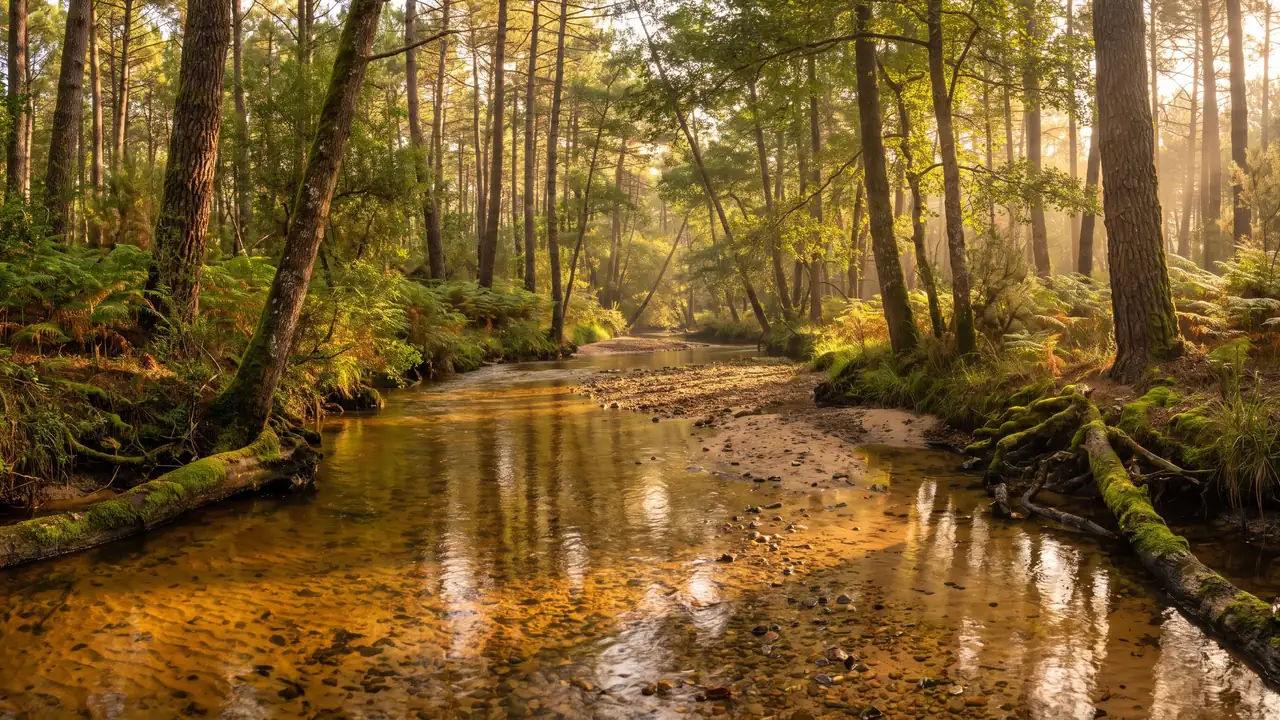 Un ruisseau clair serpentant dans la forêt de pins des Landes de Gascogne, eau ambrée sur un lit de sable