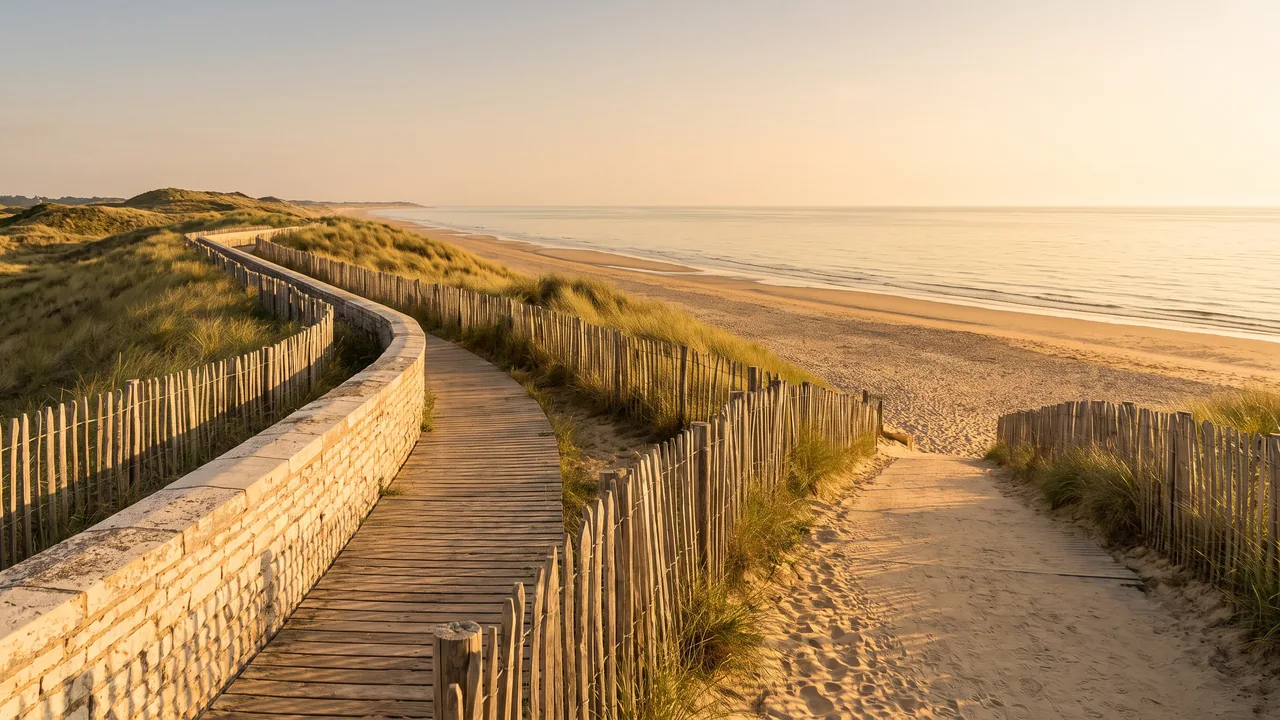 Front de mer de Lacanau-Océan au soleil couchant, esplanade et bas de dune à ganivelles au-dessus d'une large plage