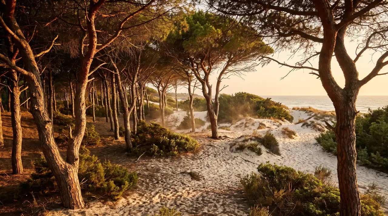 Lisière de forêt de pins maritimes rejoignant l'arrière des hautes dunes à Lacanau-Océan, lumière dorée entre les troncs