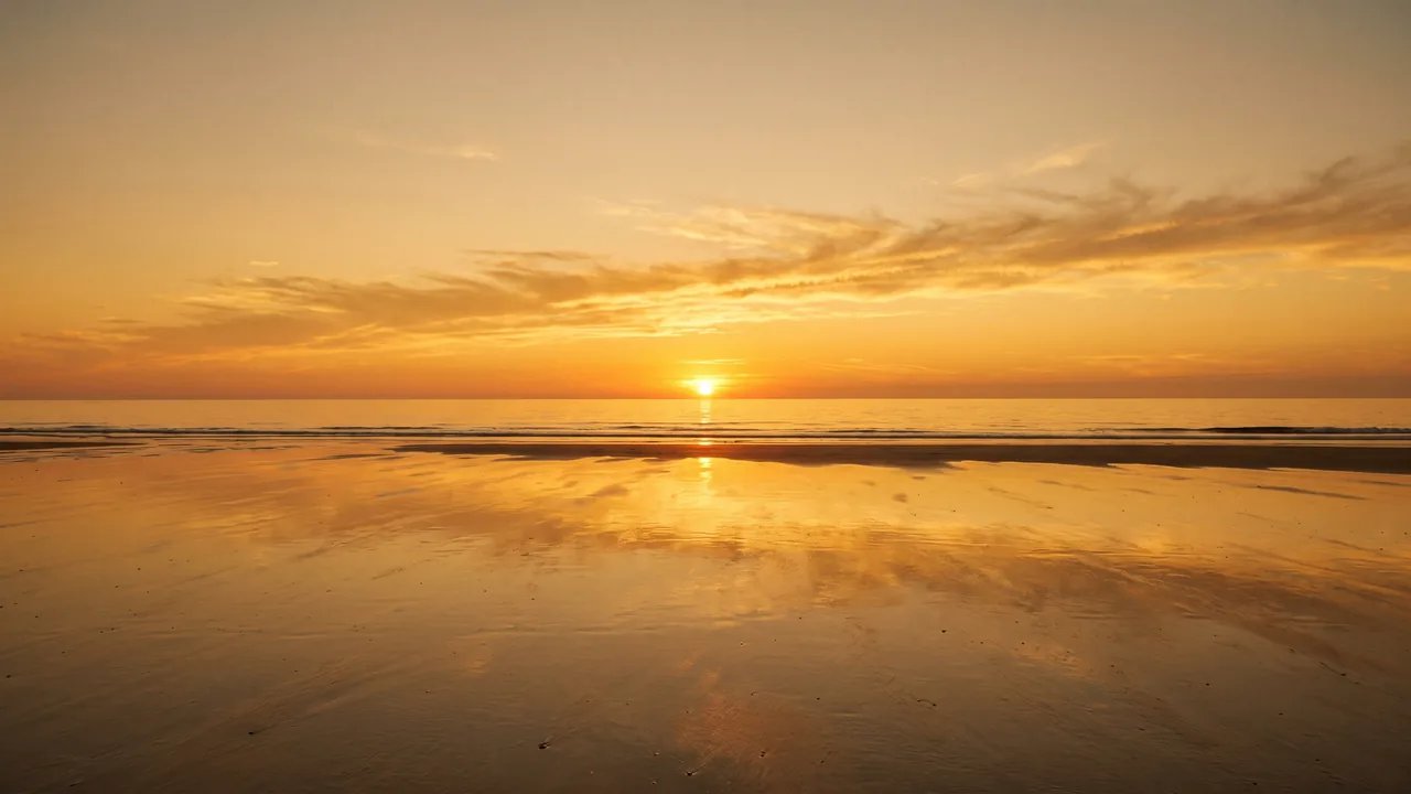 Coucher de soleil orangé sur l'horizon de l'Atlantique depuis une plage déserte de Lacanau-Océan, sable humide