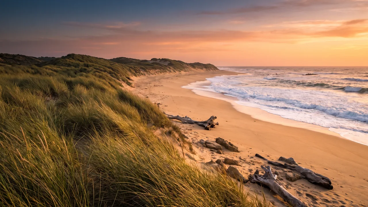 Plage sauvage au nord de Lacanau-Océan, hautes dunes d'oyats rejoignant le sable, rouleaux de l'Atlantique, lumière chaude