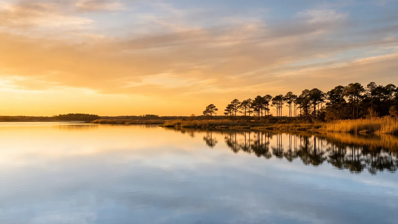 Vaste lac d'eau douce de Lacanau au soleil couchant, eau calme argentée reflétant les pins et les roseaux