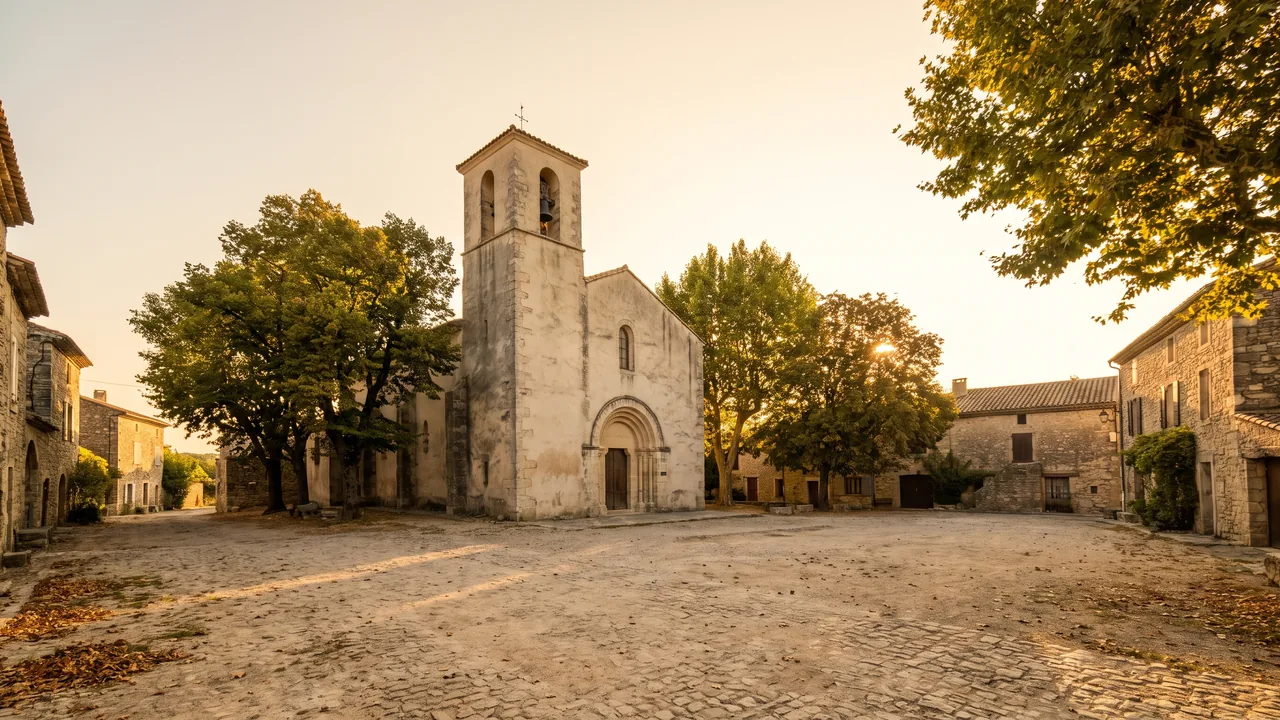 Modeste église ancienne en pierre claire à Lacanau, clocher carré et portail en plein cintre parmi les arbres, lumière