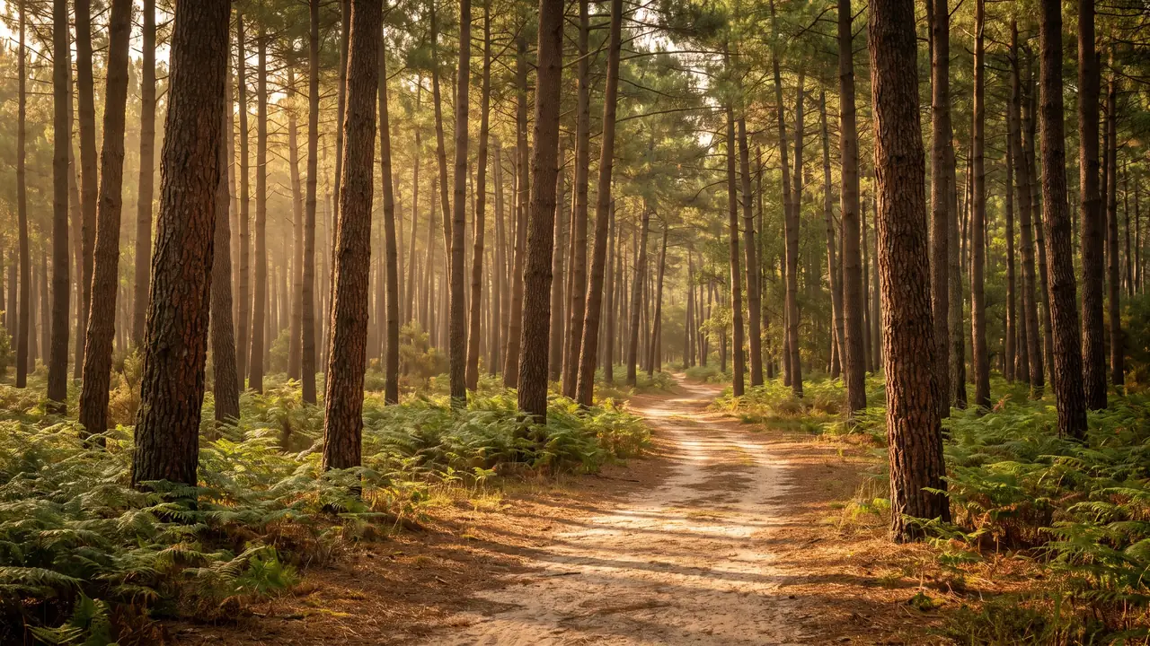 Forêt plate de pins maritimes du Médoc près de Lacanau, troncs élancés, fougères et sentier sablonneux