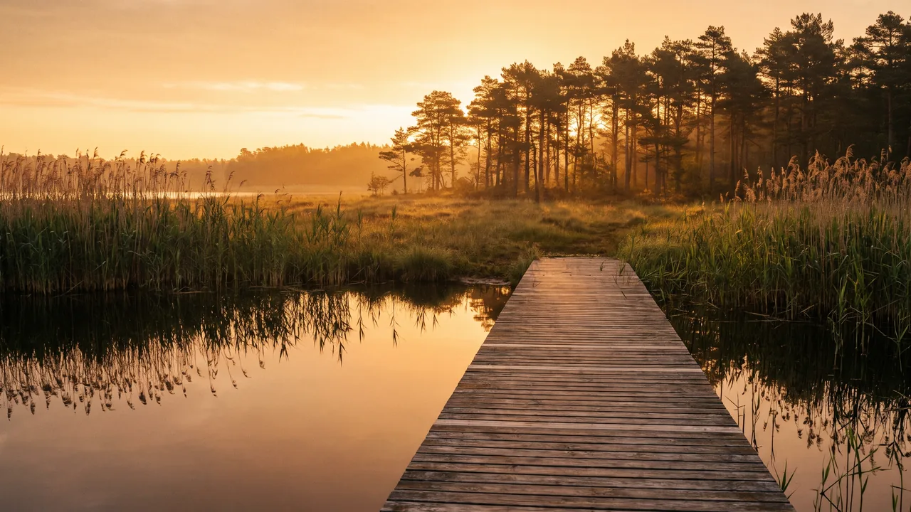 Rive de roseaux d'un lac d'eau douce à Lacanau au coucher du soleil, petit ponton de bois vide s'avançant sur l'eau lisse