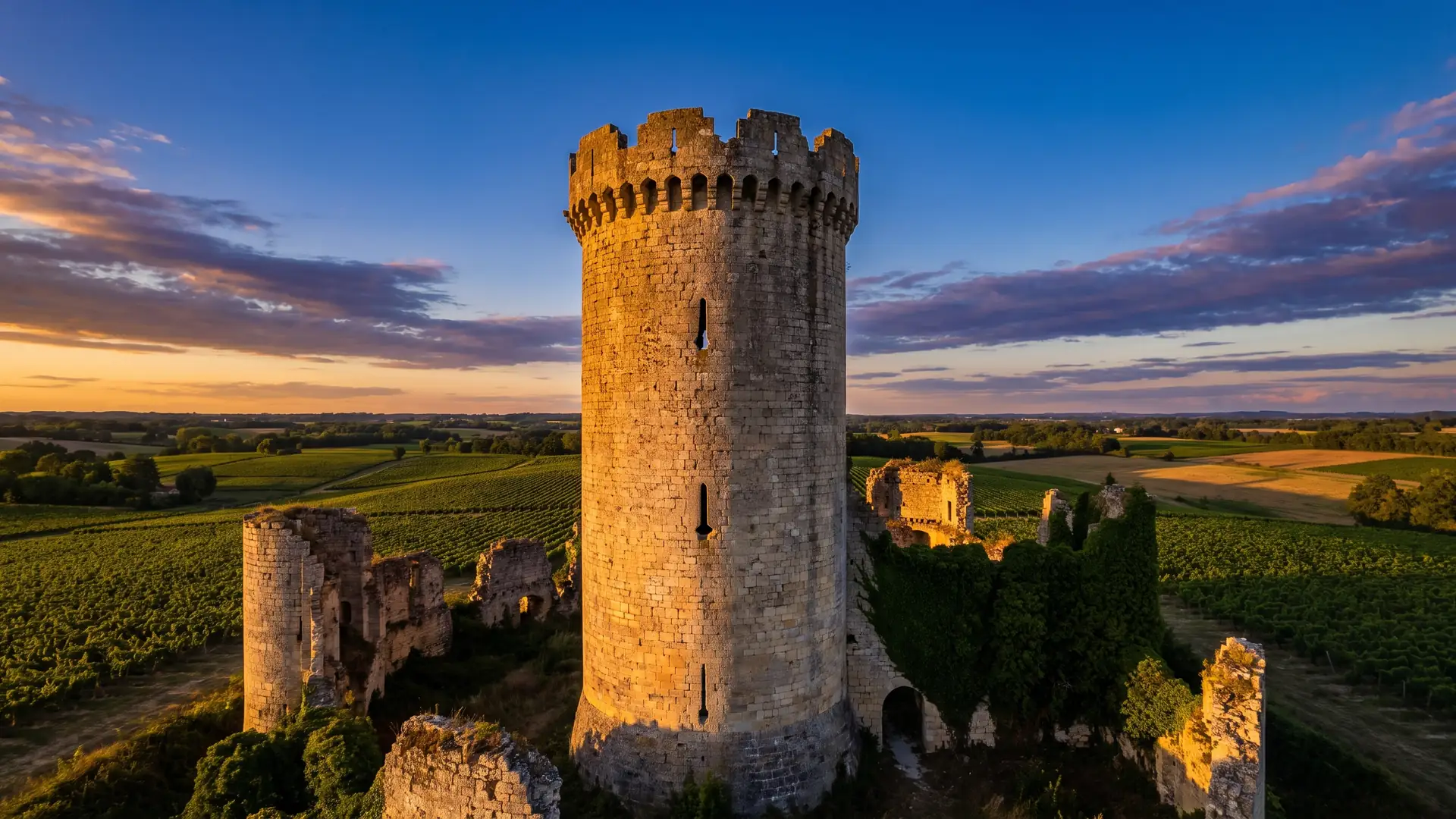 Le grand donjon cylindrique du château de Langoiran, l'un des plus larges de France, dominant les vignes