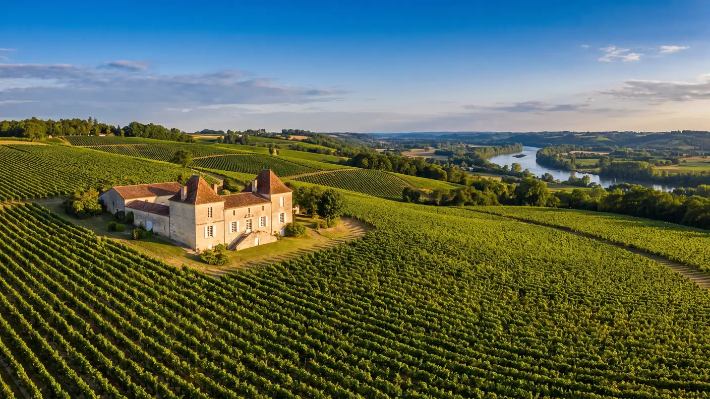 Des vignes de Bordeaux sur des coteaux au-dessus de la Garonne en fin d'été, un château de pierre parmi les vignes