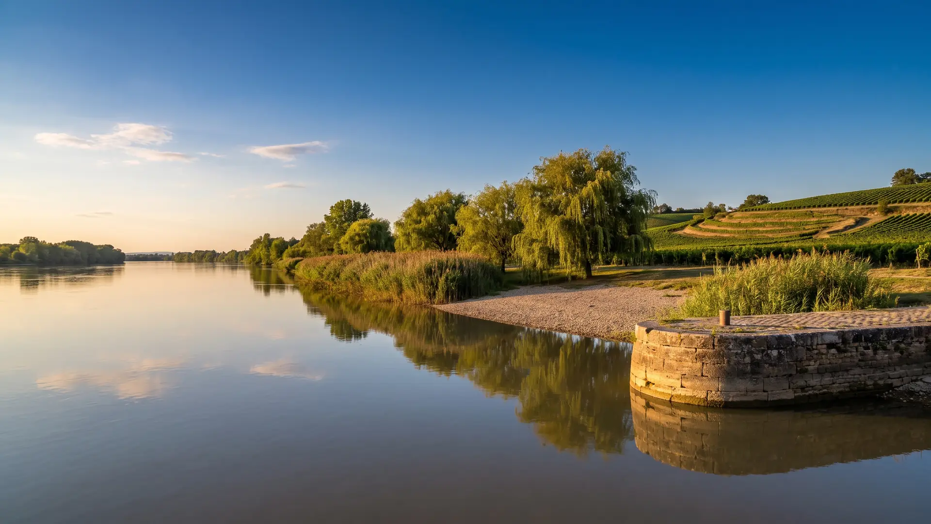 Une berge tranquille de la Garonne à l'heure dorée, roseaux, saules et un vieux quai de pierre, coteaux au loin