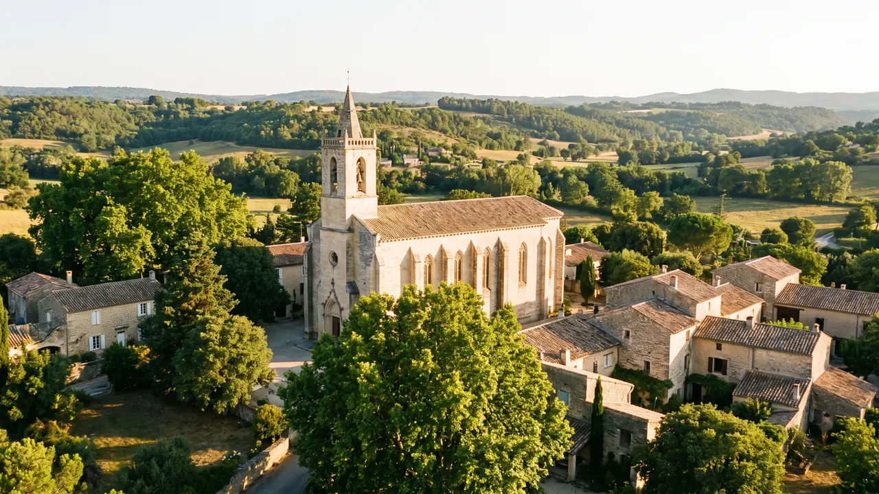 Église gothique Saint-Gervais de Langon en pierre claire, haut clocher carré au-dessus des toits dans une lumière chaude