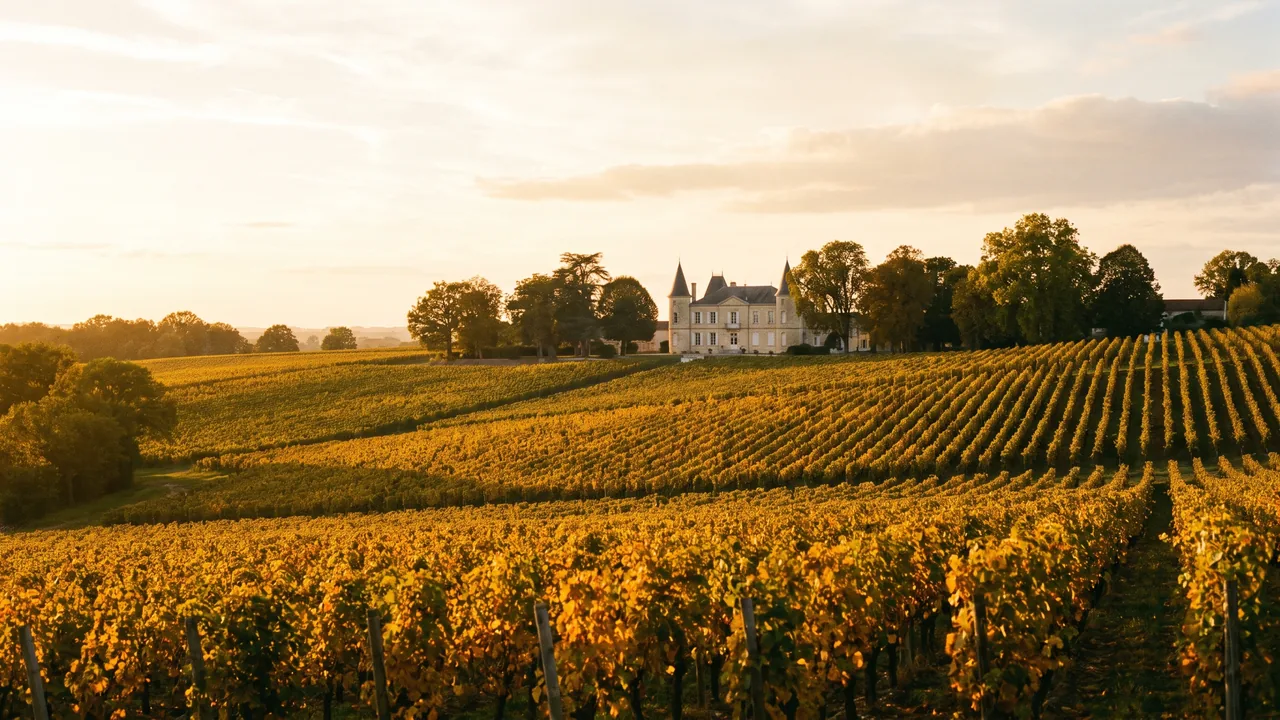 Vignoble doré du Sauternais sur des pentes douces près de Langon au soleil couchant, feuillage ambré et château au loin