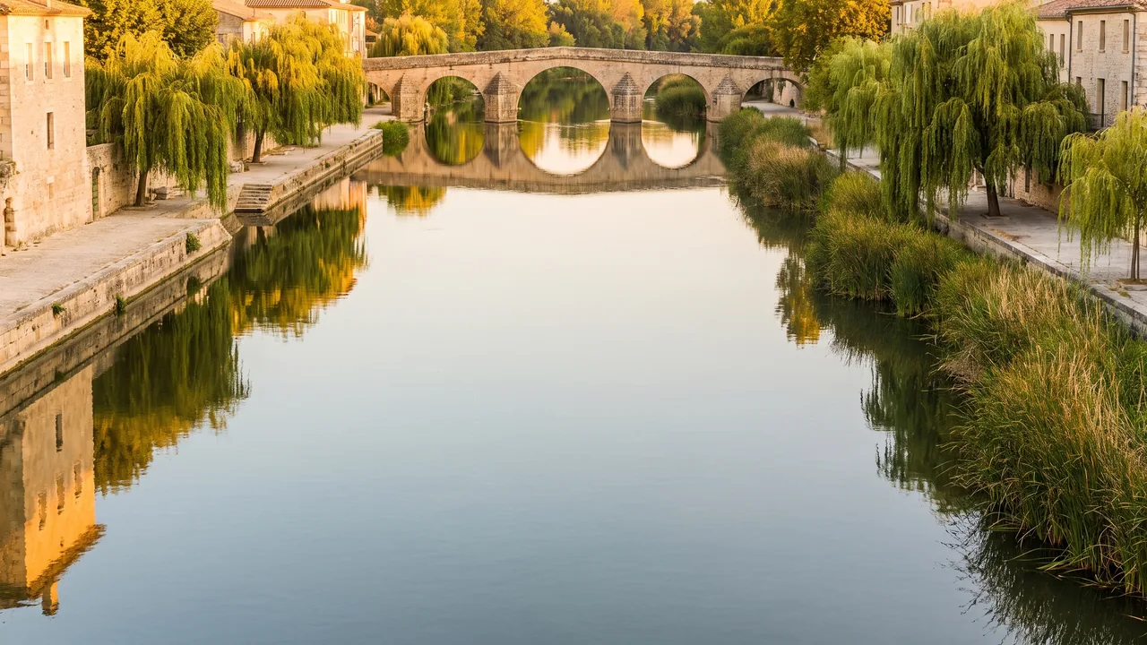 Quais de pierre le long de la Garonne à Langon au soleil couchant, pont en arc reflété dans l'eau bordée de saules