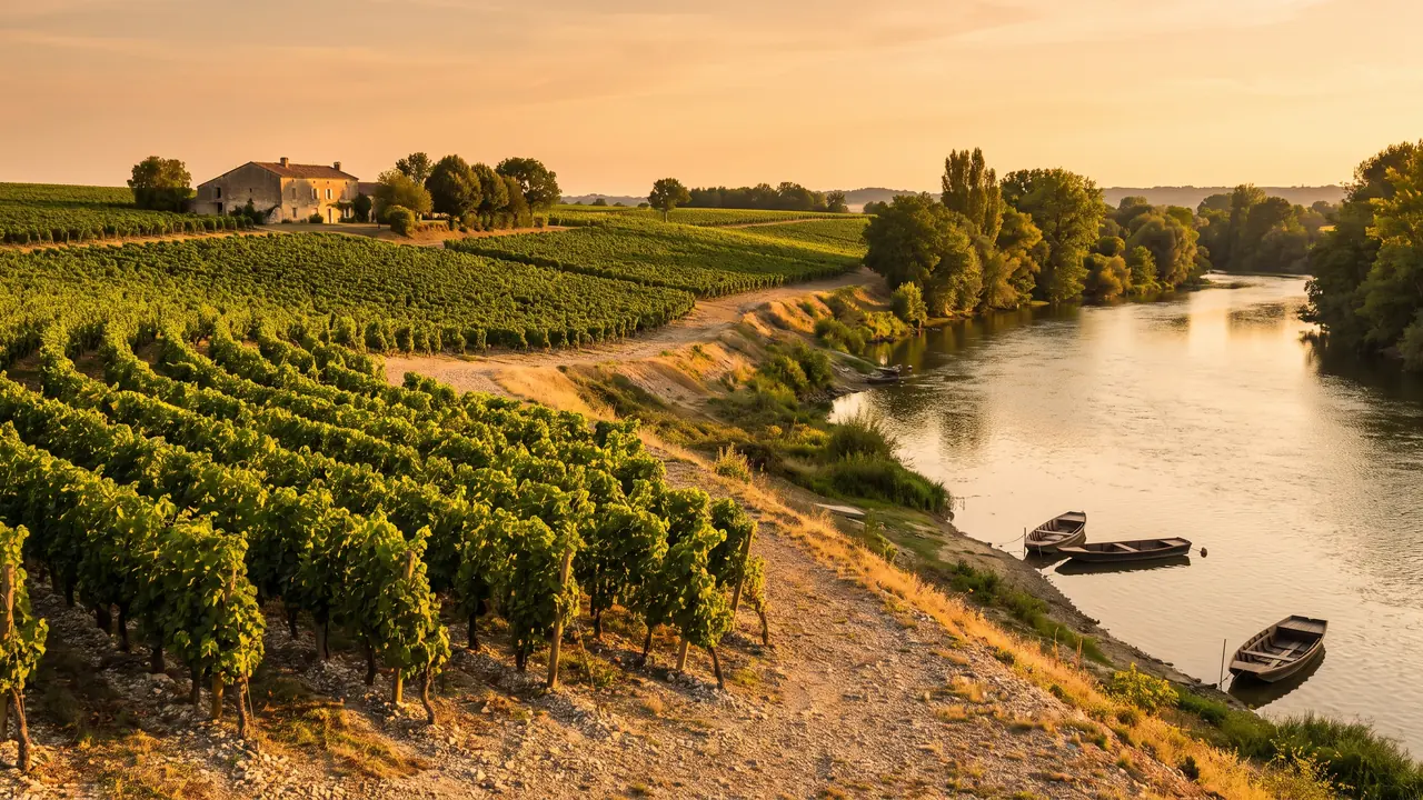 Rangs de vignes des Graves sur un sol graveleux près de Langon au soleil couchant, ferme de pierre et bosquets au loin