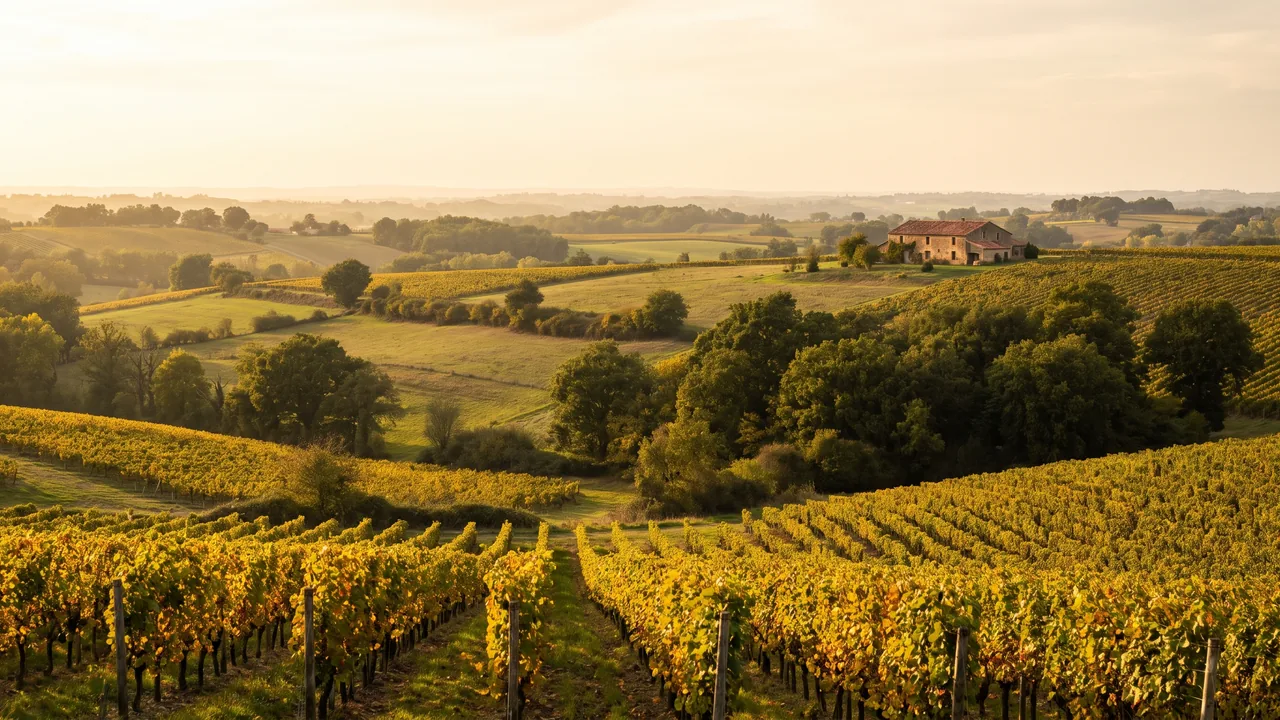 Campagne vallonnée du sud de la Gironde près de Langon, vignes, champs et haies avec une ferme de pierre au loin