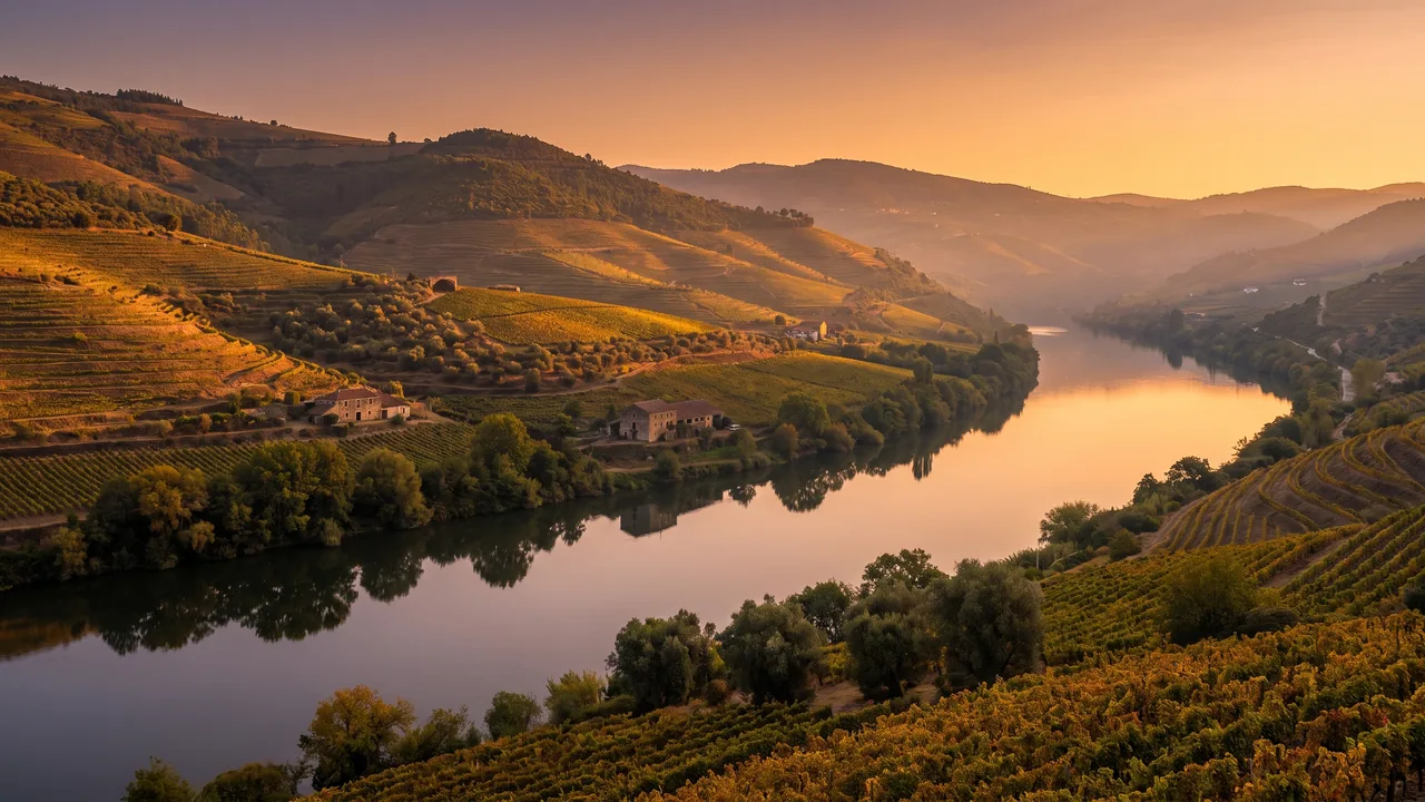 Coteaux de vignes dominant la vallée de la Garonne près de Langon au coucher du soleil, pentes étagées et bois