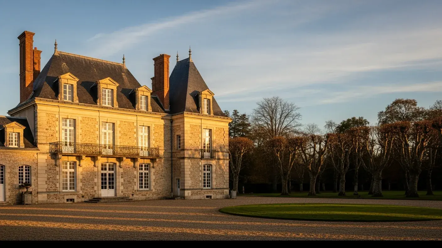 Manoir du XIXᵉ siècle en pierre claire et toit d'ardoise dans son parc, évocation du château de la Durantie