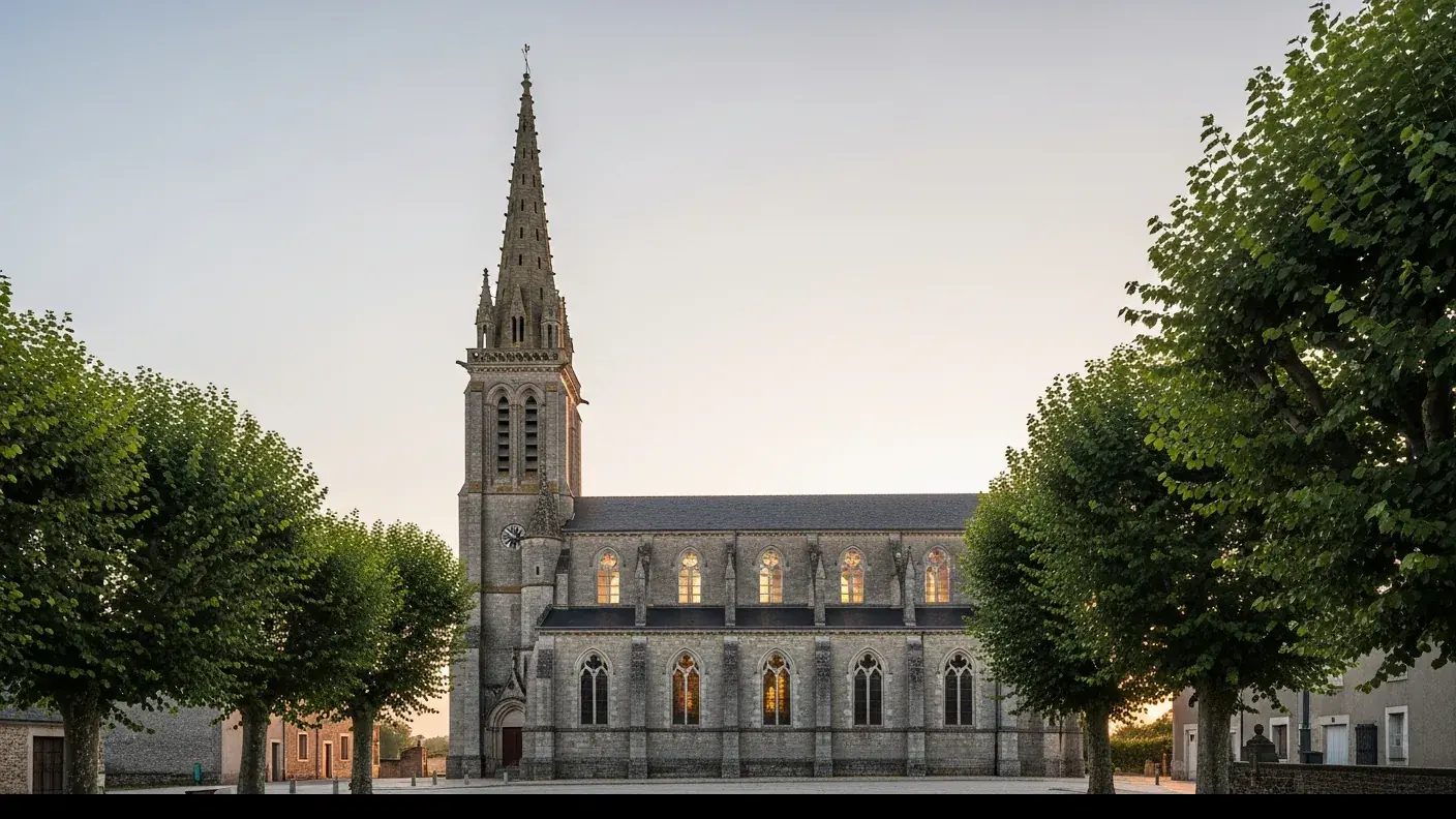 Église néogothique en pierre grise à flèche élancée sur sa place, évocation de Saint-Pierre-ès-Liens