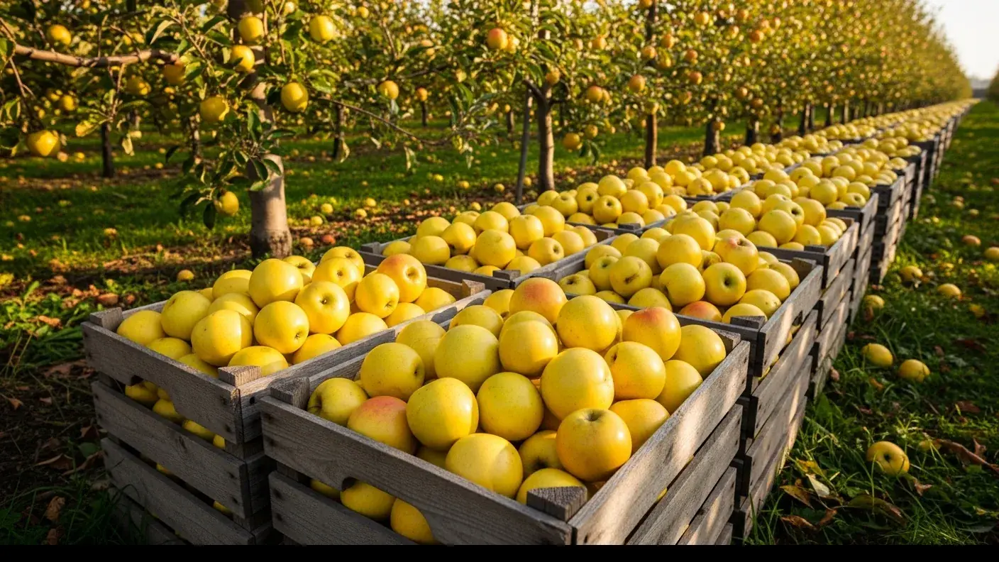 Caisses en bois débordantes de pommes golden fraîchement récoltées dans un verger du plateau de Lanouaille