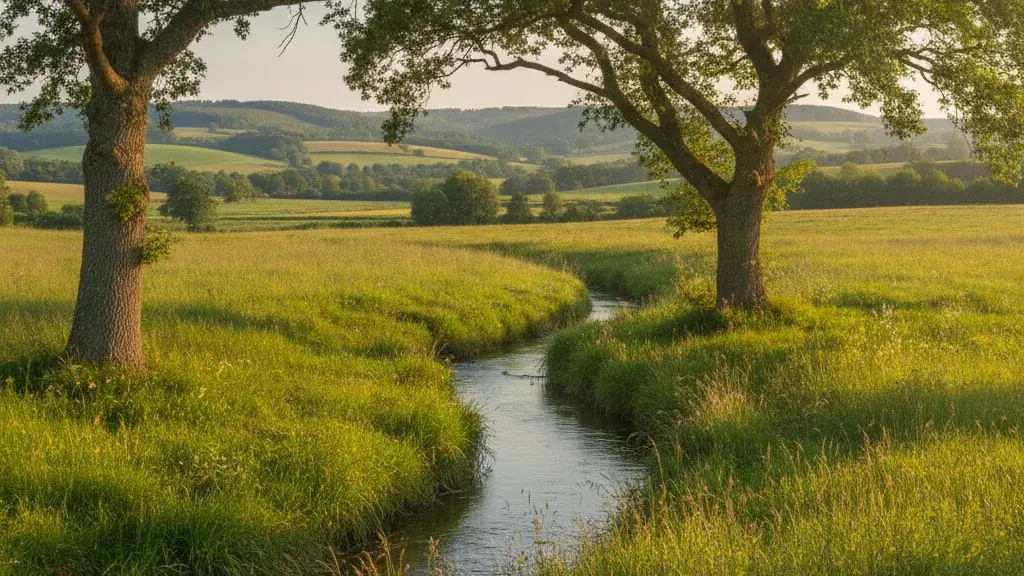 Petit ruisseau bordé de chênes et de prairies vertes, évocation de la vallée de la Loue en Périgord vert