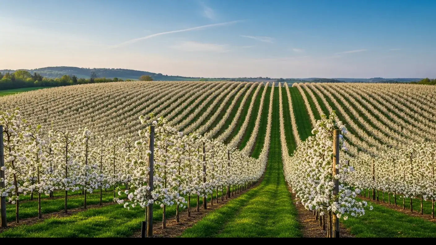 Vergers de pommiers en pleine floraison blanche au printemps sur les coteaux