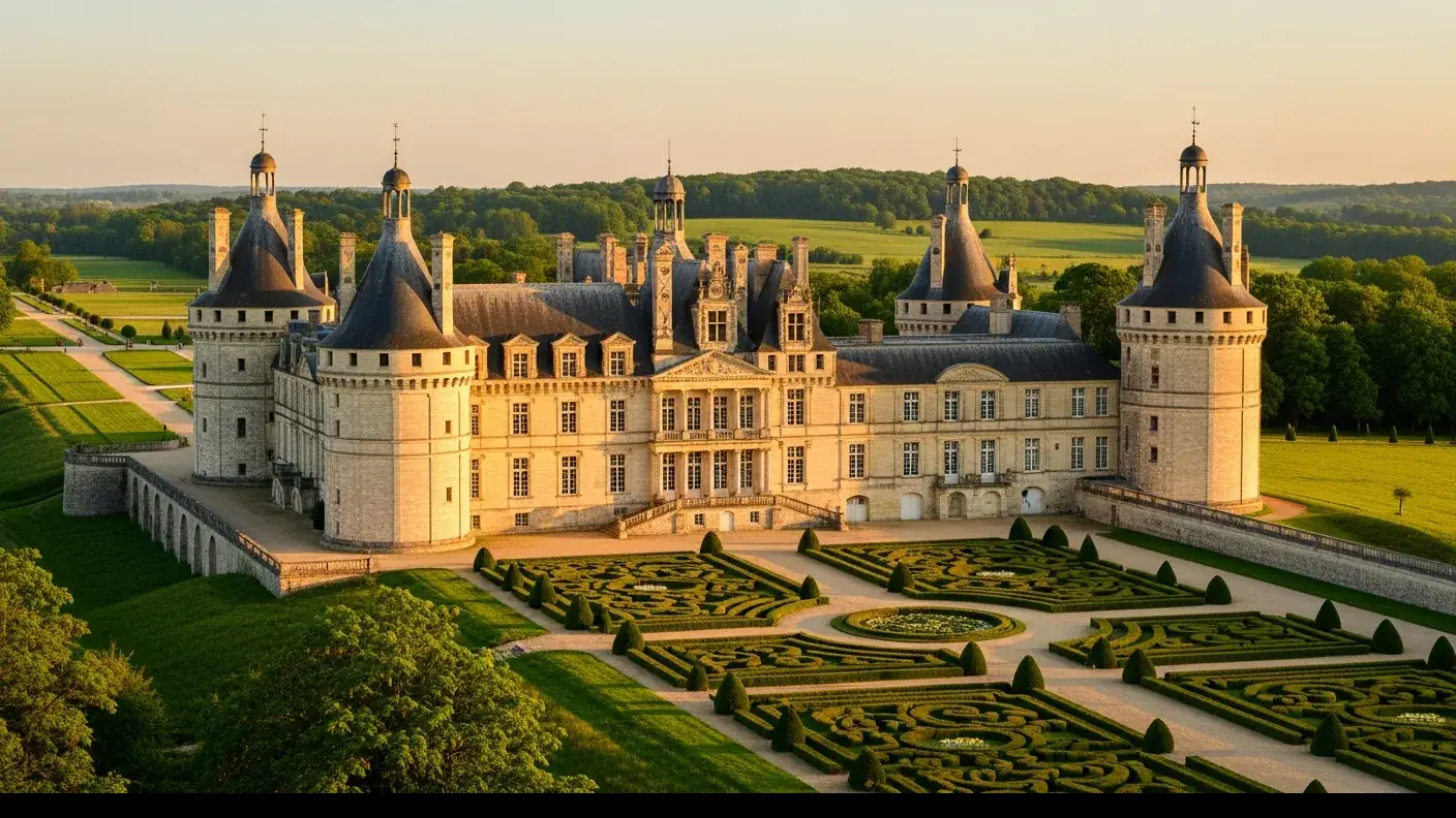 Grand château classique à tours médiévales et jardins à la française, évocation du château de Hautefort