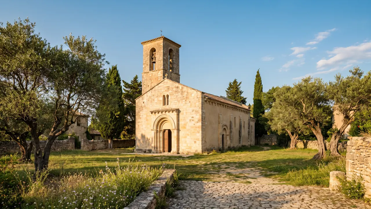 Église romane Notre-Dame de Lanton en pierre claire, chevet à colonnes engagées et corniche à modillons