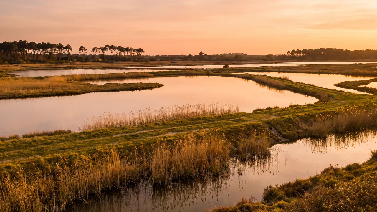 Réserve naturelle du Domaine de Certes près de Lanton, lagunes réfléchissantes et digues bordées de roseaux, lumière dorée
