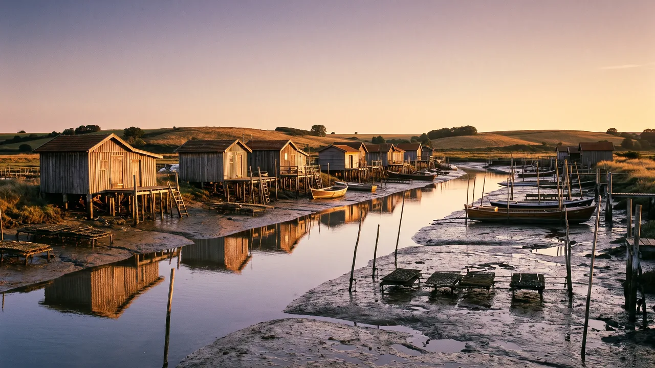 Port ostréicole de Cassy près de Lanton, rangée de cabanes de bois brut sur pilotis le long d'un chenal