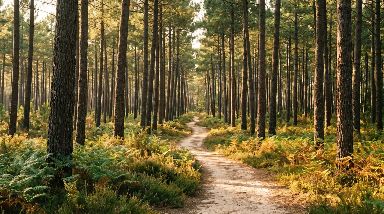 Forêt de pins maritimes près de Lanton, lumière chaude, troncs élancés, fougères et sentier sablonneux