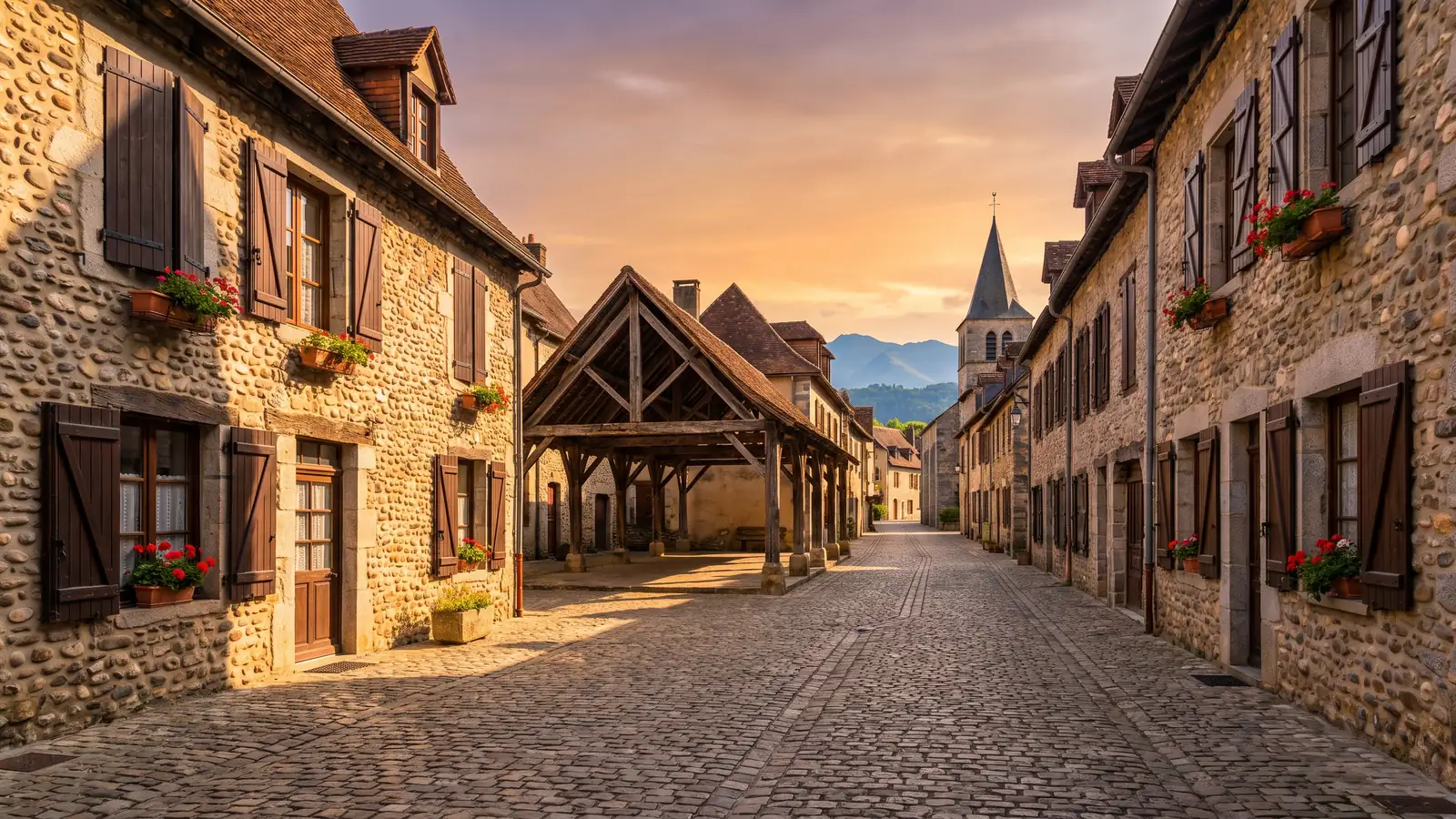 Maisons de galets et halle du bourg de Lasseube