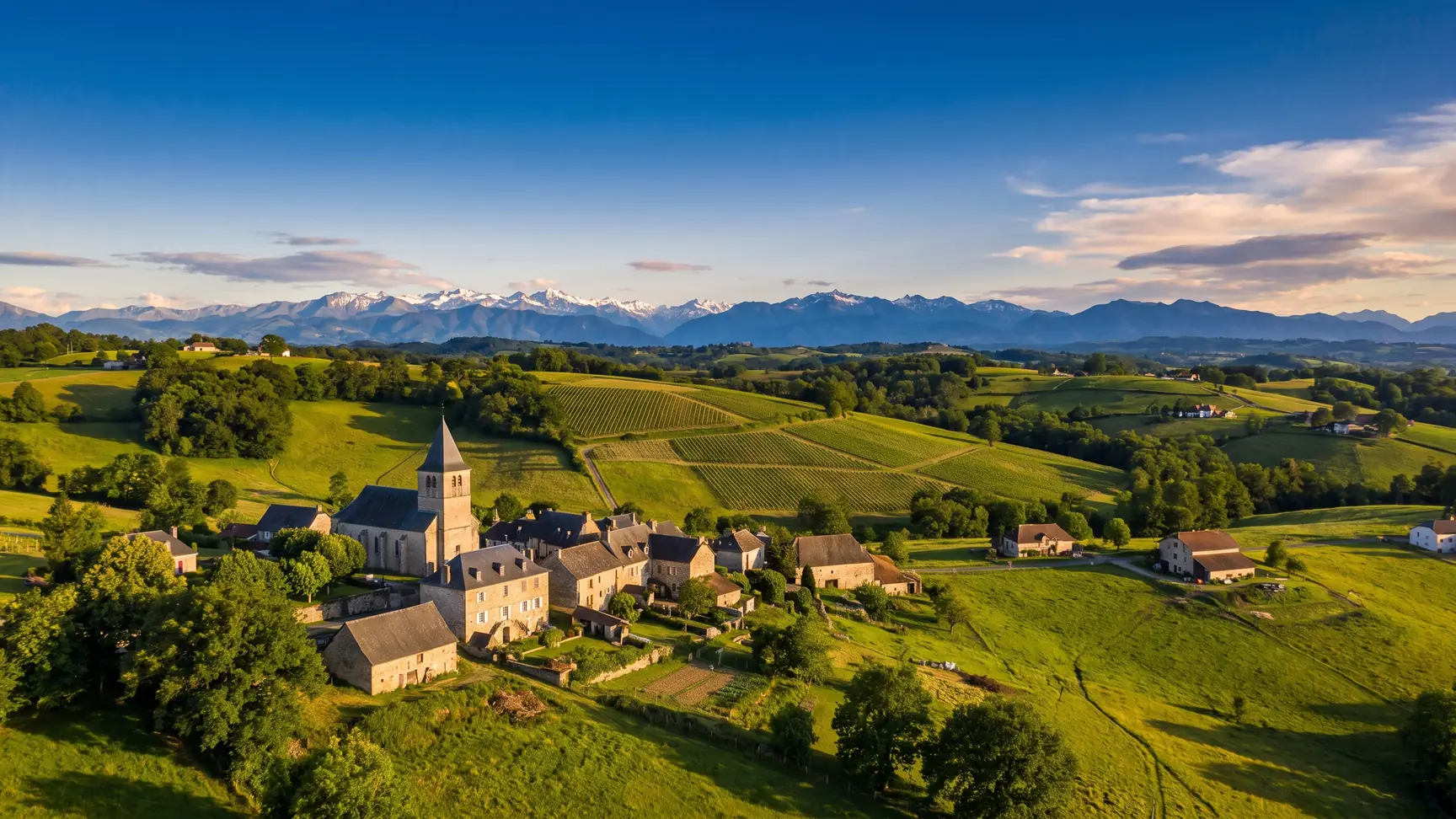 Panorama sur Lasseube, ses vignes et les Pyrénées