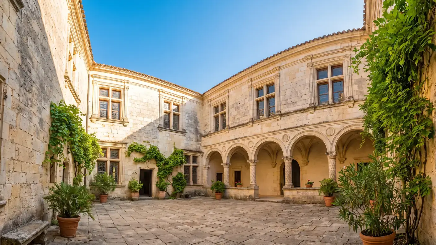 La cour intérieure Renaissance du château de Lauzun, galerie à arcades et façades de pierre sculptée à fenêtres à meneaux