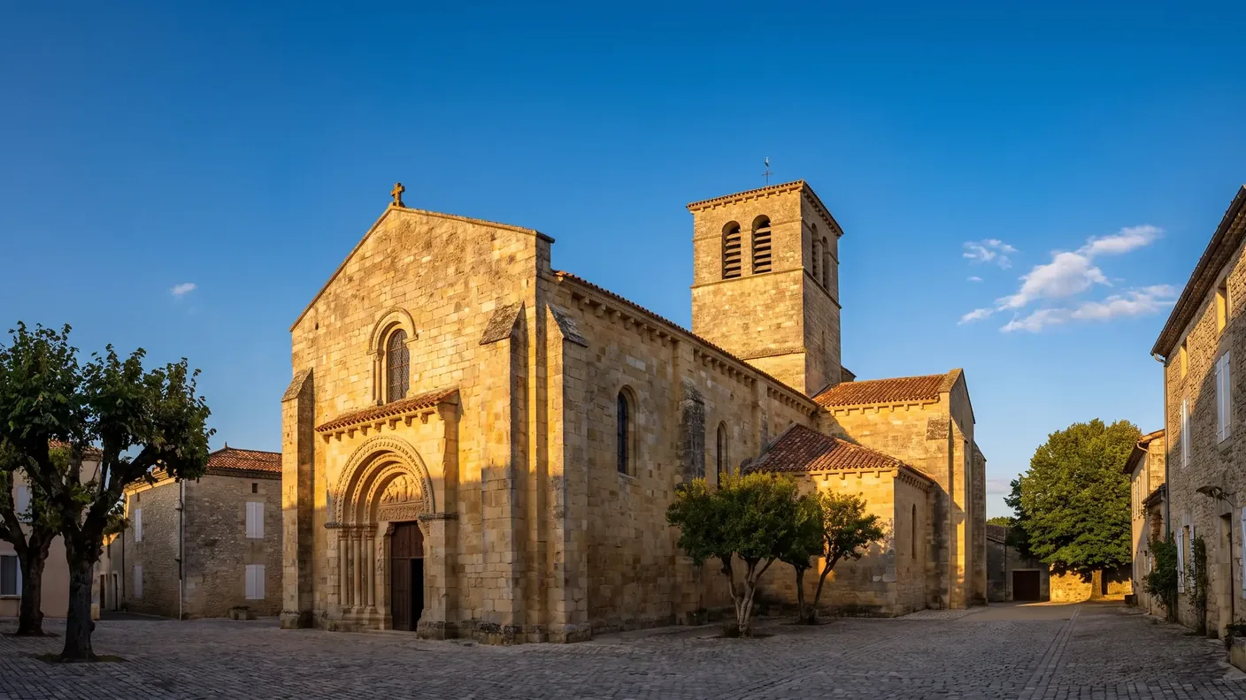 L'église Saint-Étienne de Lauzun, édifice de pierre miel à portail roman et clocher carré, sur une place de village