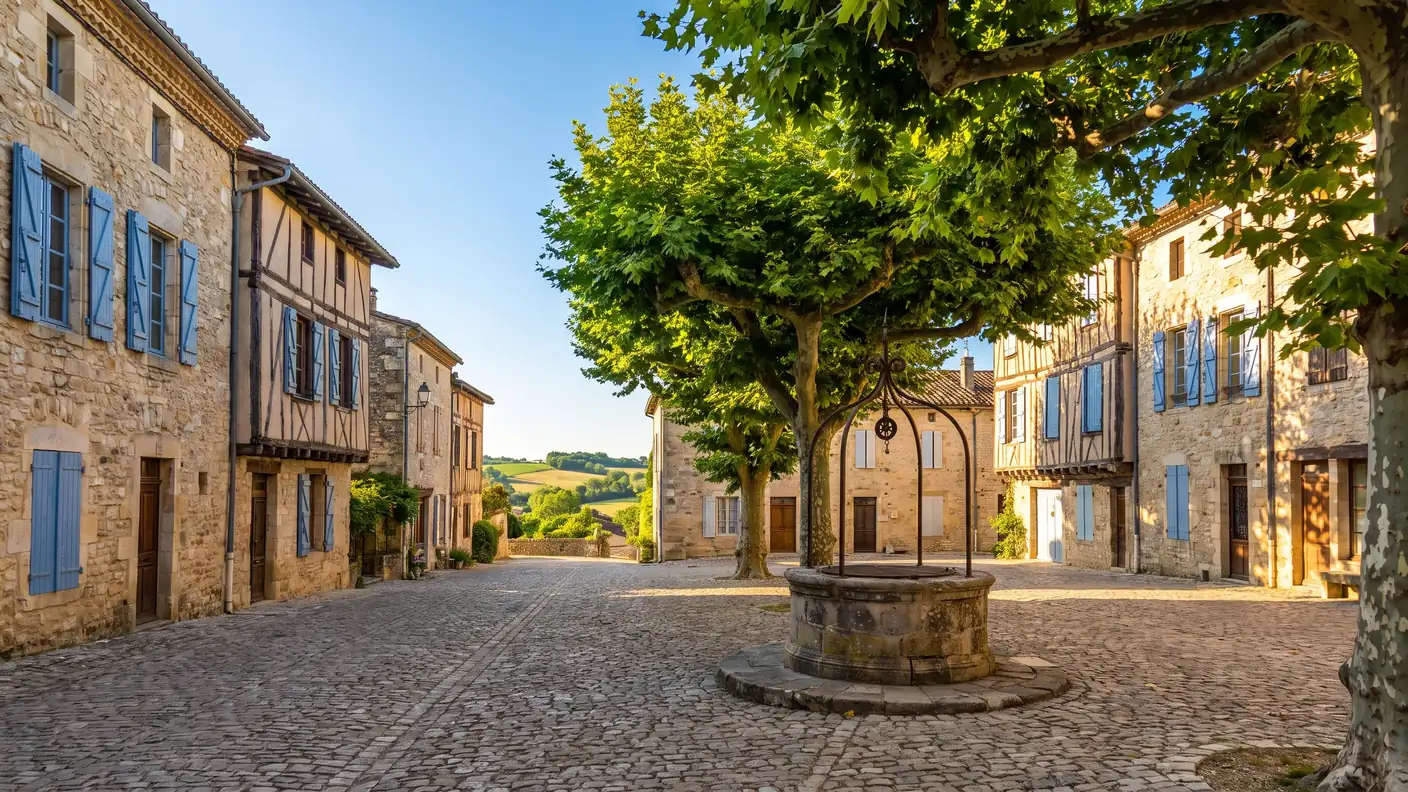 Une place du vieux bourg de Lauzun bordée de maisons anciennes de pierre et à colombages, volets et platanes
