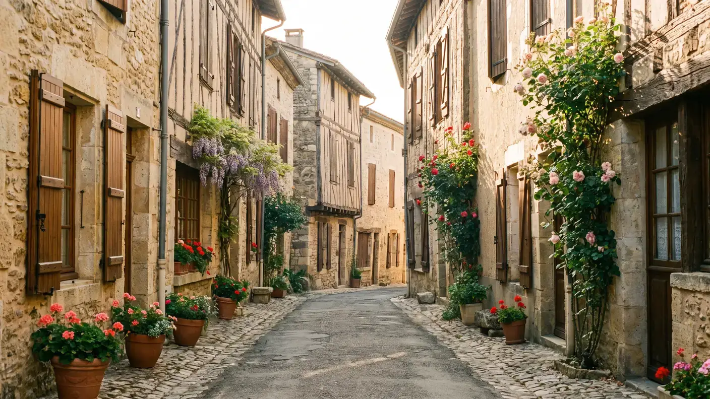 Une ruelle ancienne de Lauzun bordée de maisons de pierre et à colombages aux façades patinées, pavés