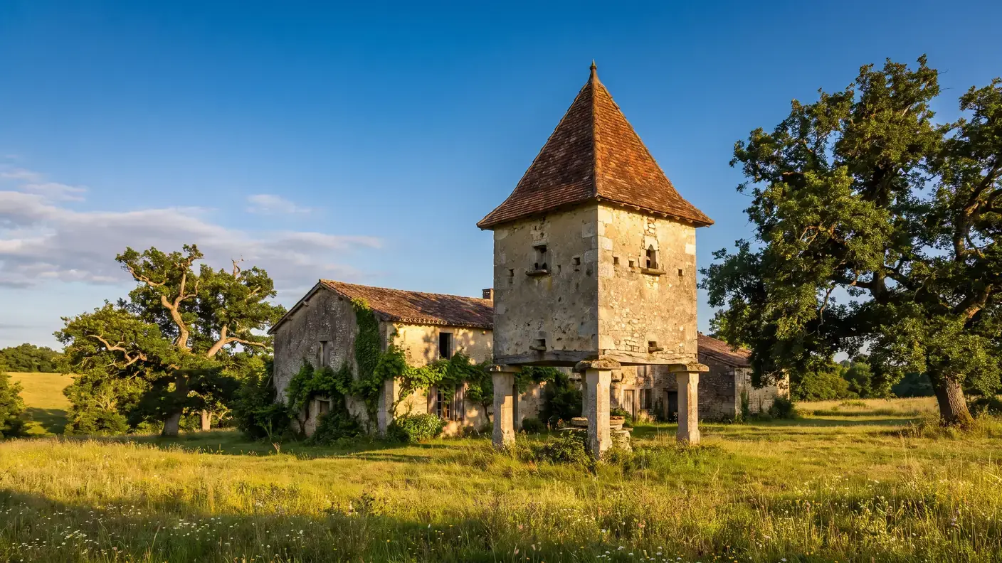 Un pigeonnier traditionnel en pierre sur piliers dans la campagne de Guyenne près de Lauzun, toit de tuiles