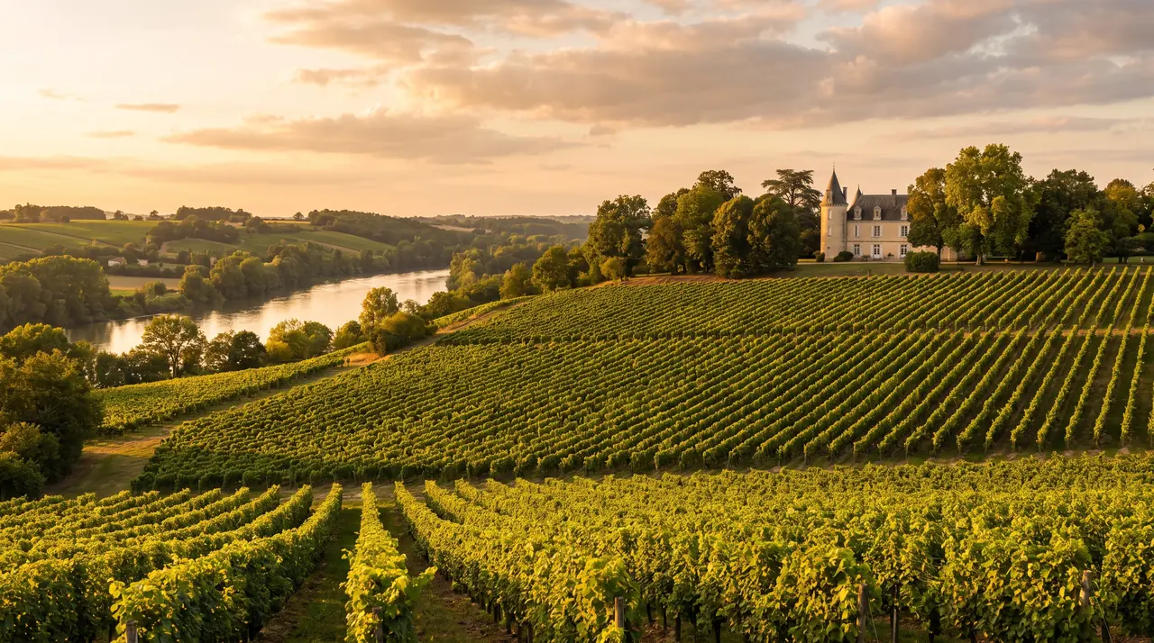 Rangs de vignes sur des coteaux de l'Entre-deux-Mers dominant la Garonne près de Langoiran, château au loin